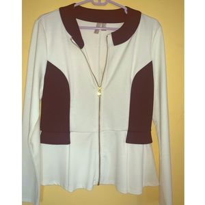 White and black peplum jacket with gold zipper
